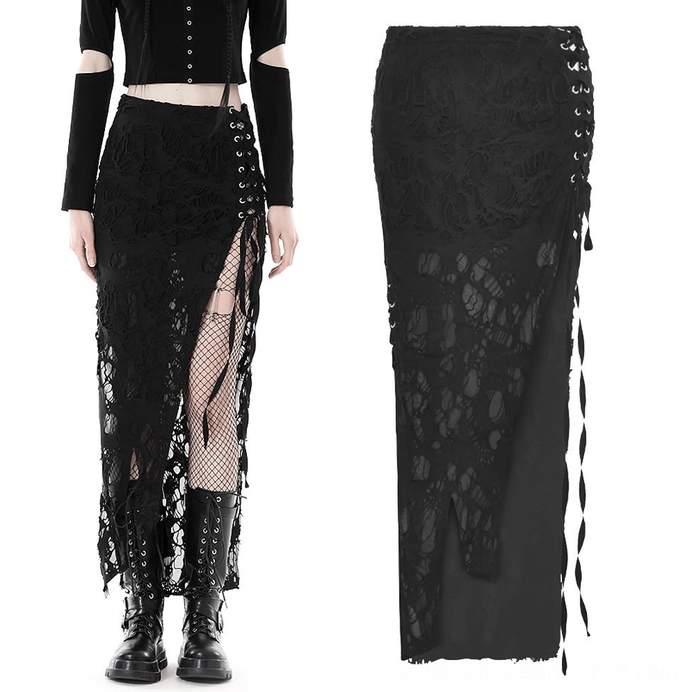 Black gothic maxi skirt flat lay side view featuring frayed hem and side lace-up design detail
