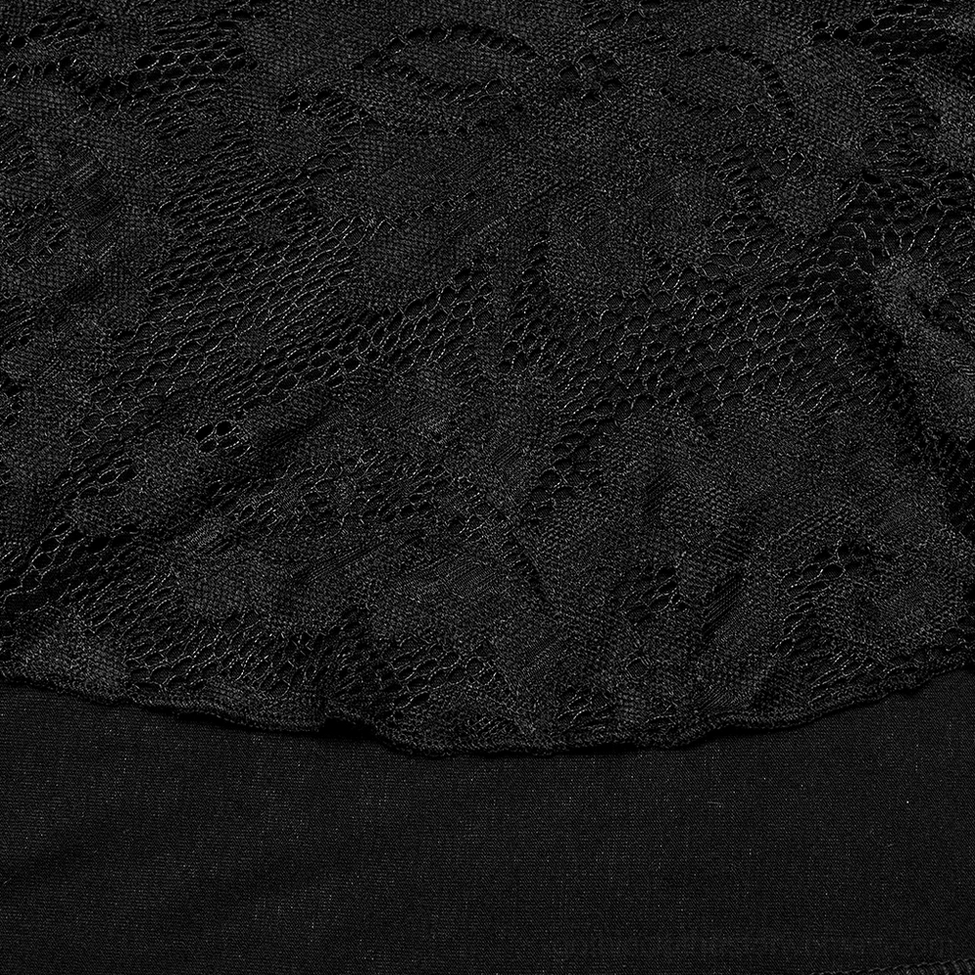 Detailed close-up of floral black lace fabric with scalloped edge on gothic skirt