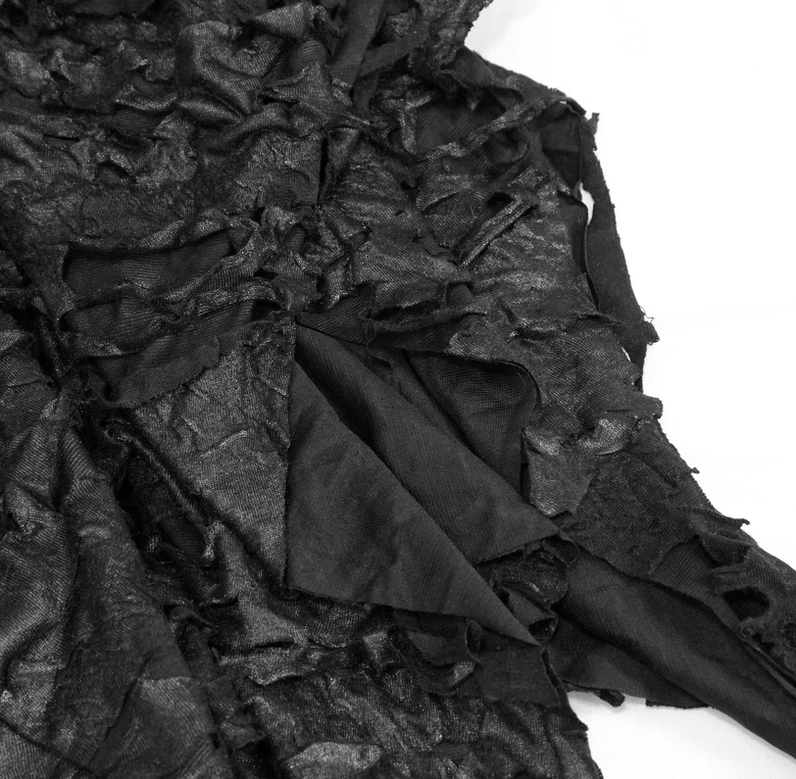 Black gothic skirt hem close-up, shredded frayed edge, matte coated polyester texture, asymmetric handkerchief cut detail
