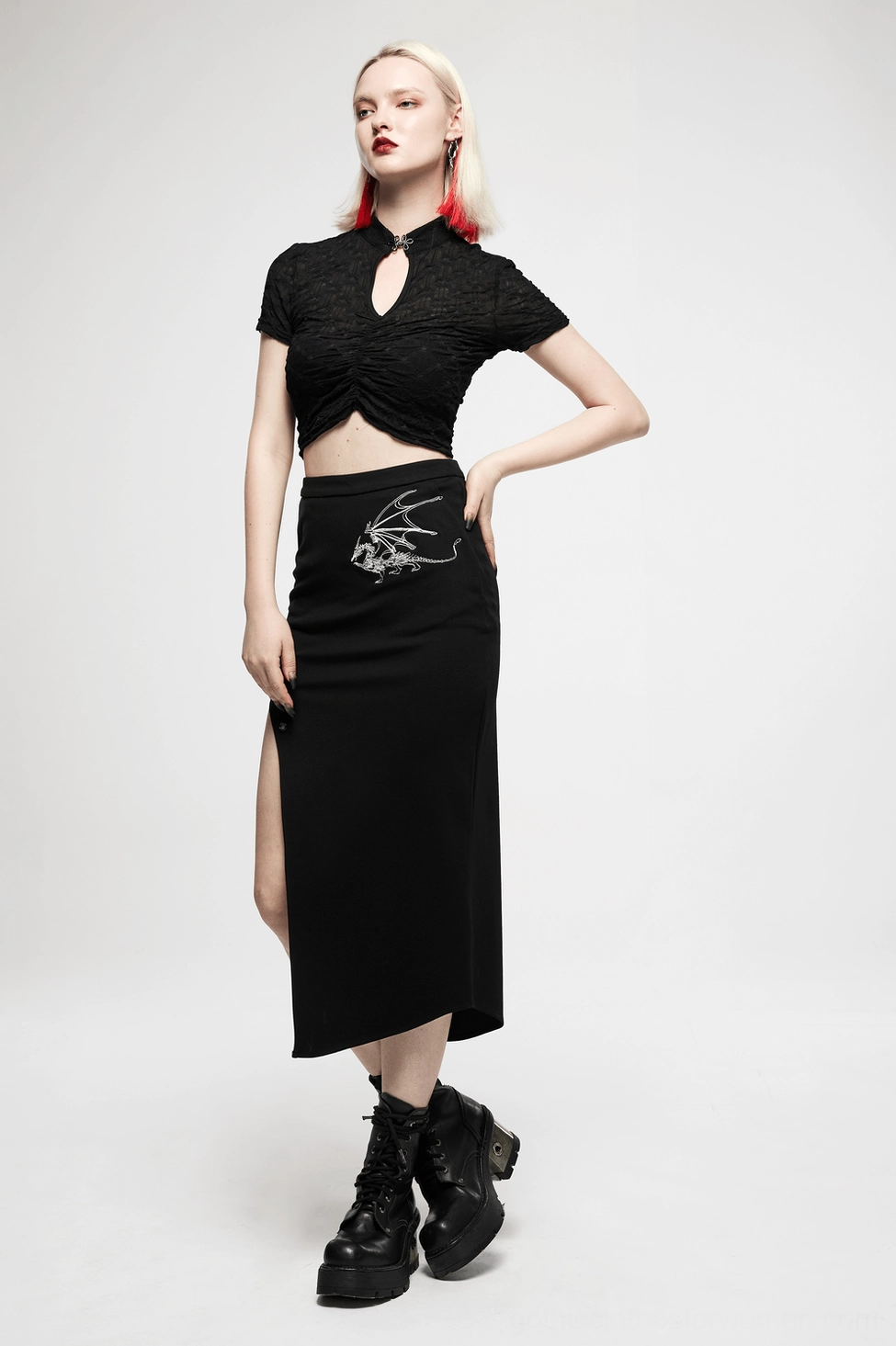 Dragon embroidered gothic skirt front detail showing silver skeleton design and asymmetrical cut
