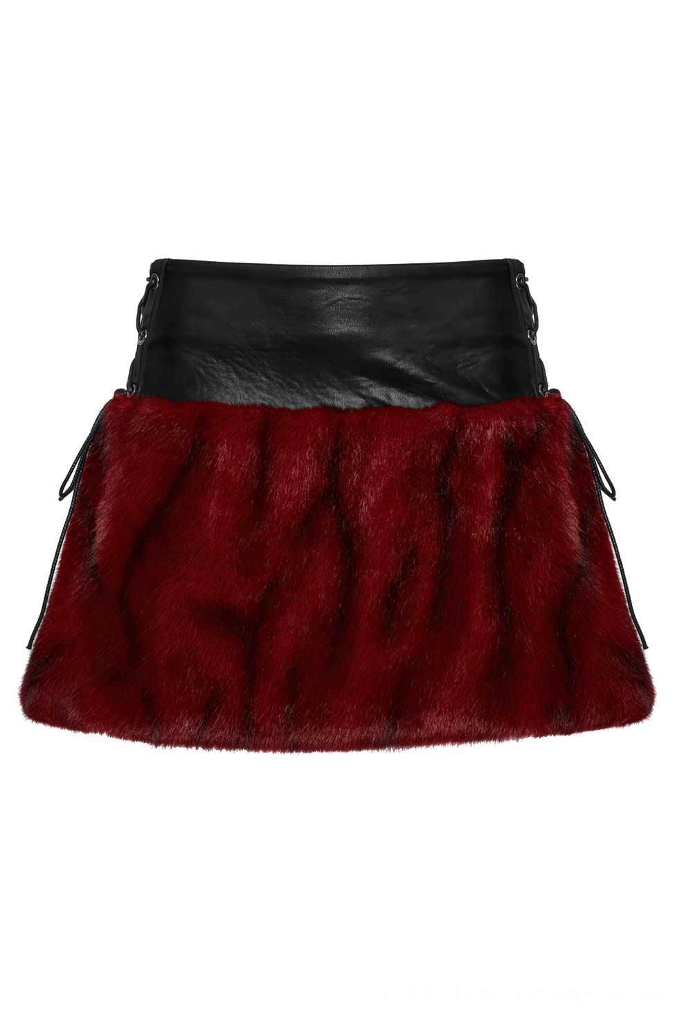 Front flat lay of flame tie-dye gothic skirt highlighting black faux leather waistband and side lace-up eyelet details