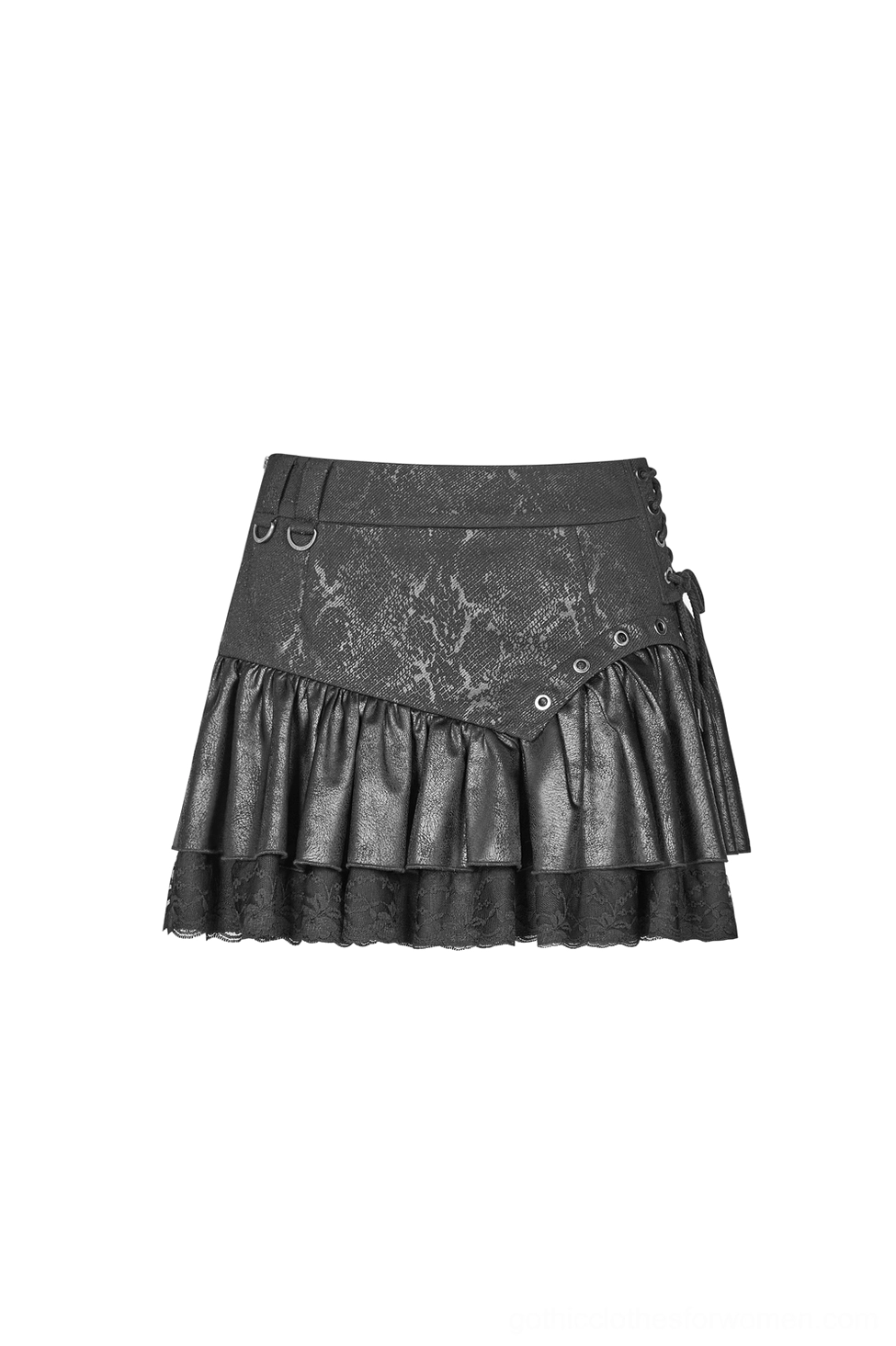 Black gothic skirt front flat view with metal eyelet decoration and ruffled lace hem close-up