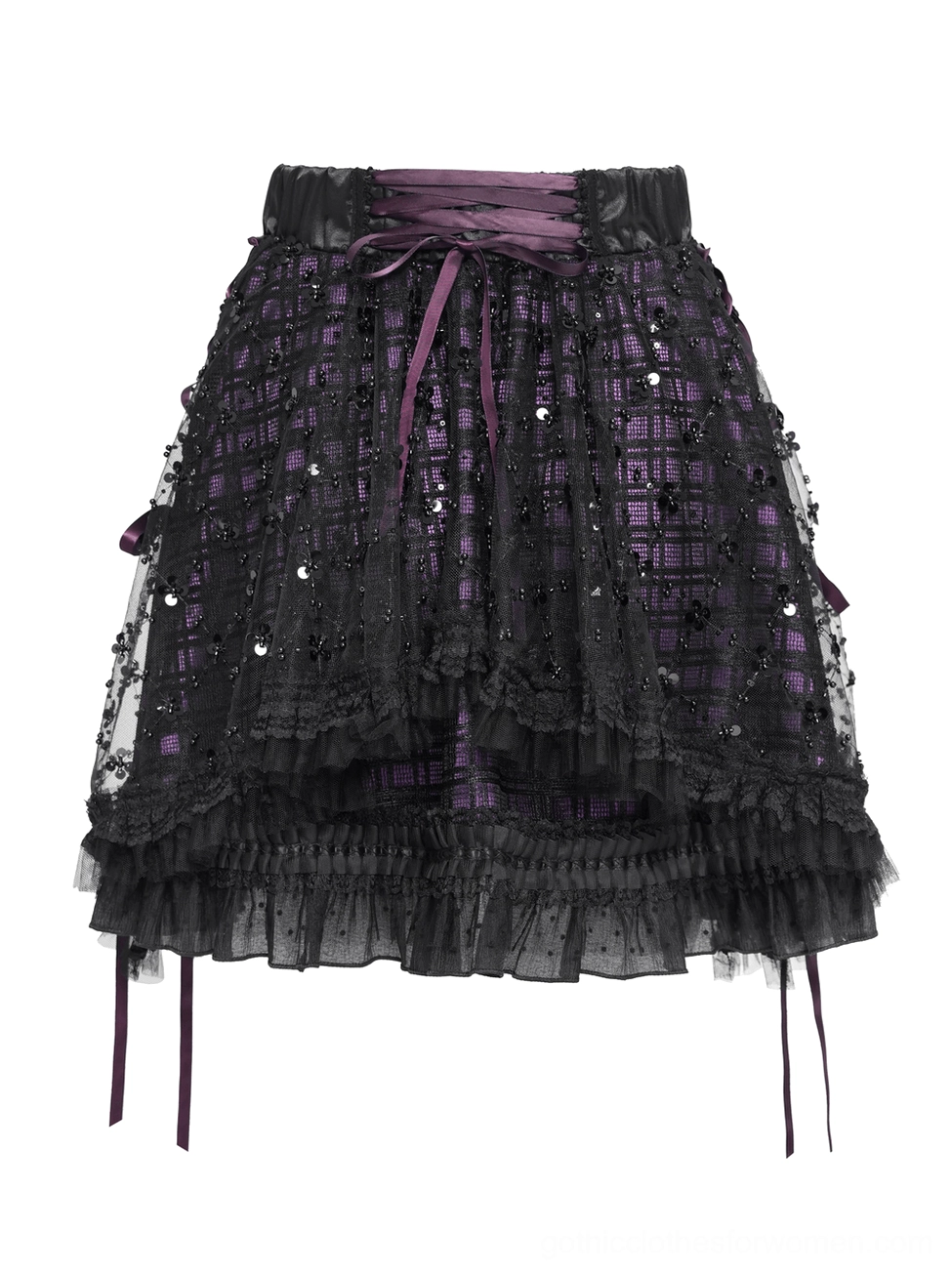 Front flat lay detail of gothic purple tulle skirt showing front lace-up waist closure and sequined mesh overlay construction