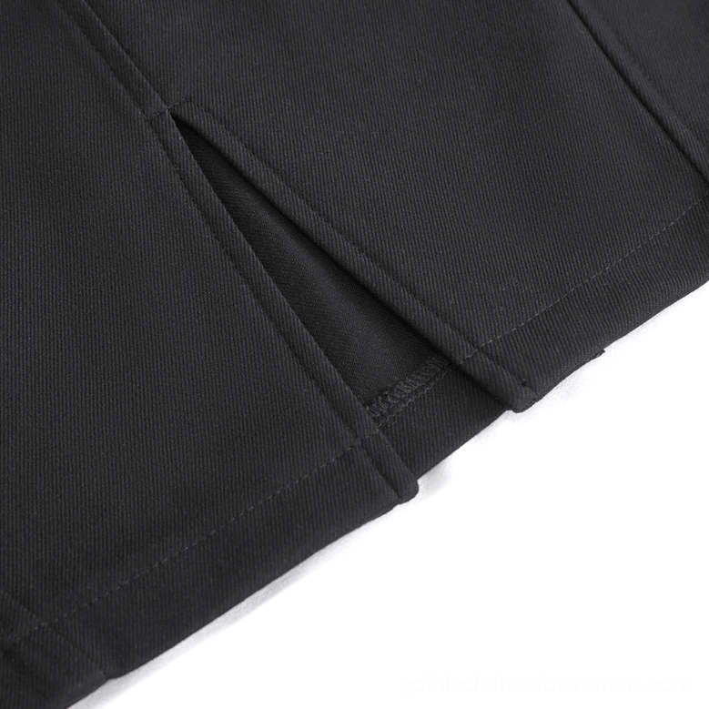 Front-facing product photography of black gothic pencil skirt with embroidery, slit, and waist details