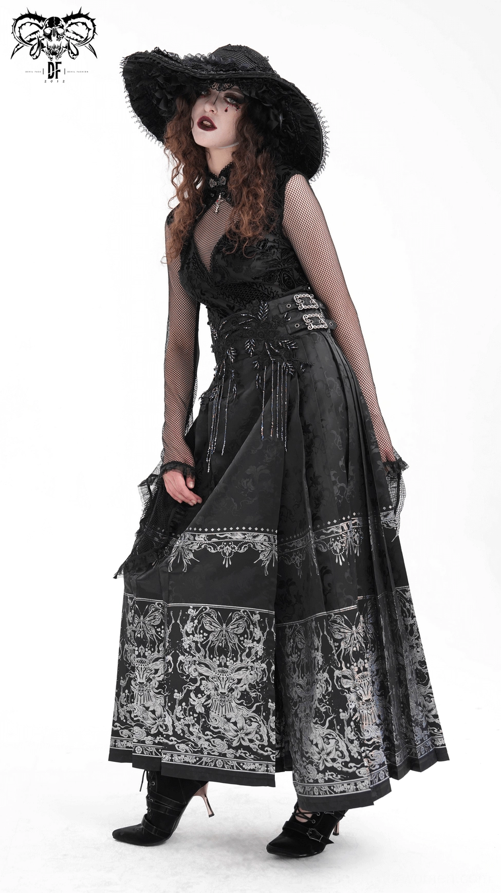 Full-length profile view of black gothic maxi skirt with flowing hem showing elegant silhouette and metal hardware details