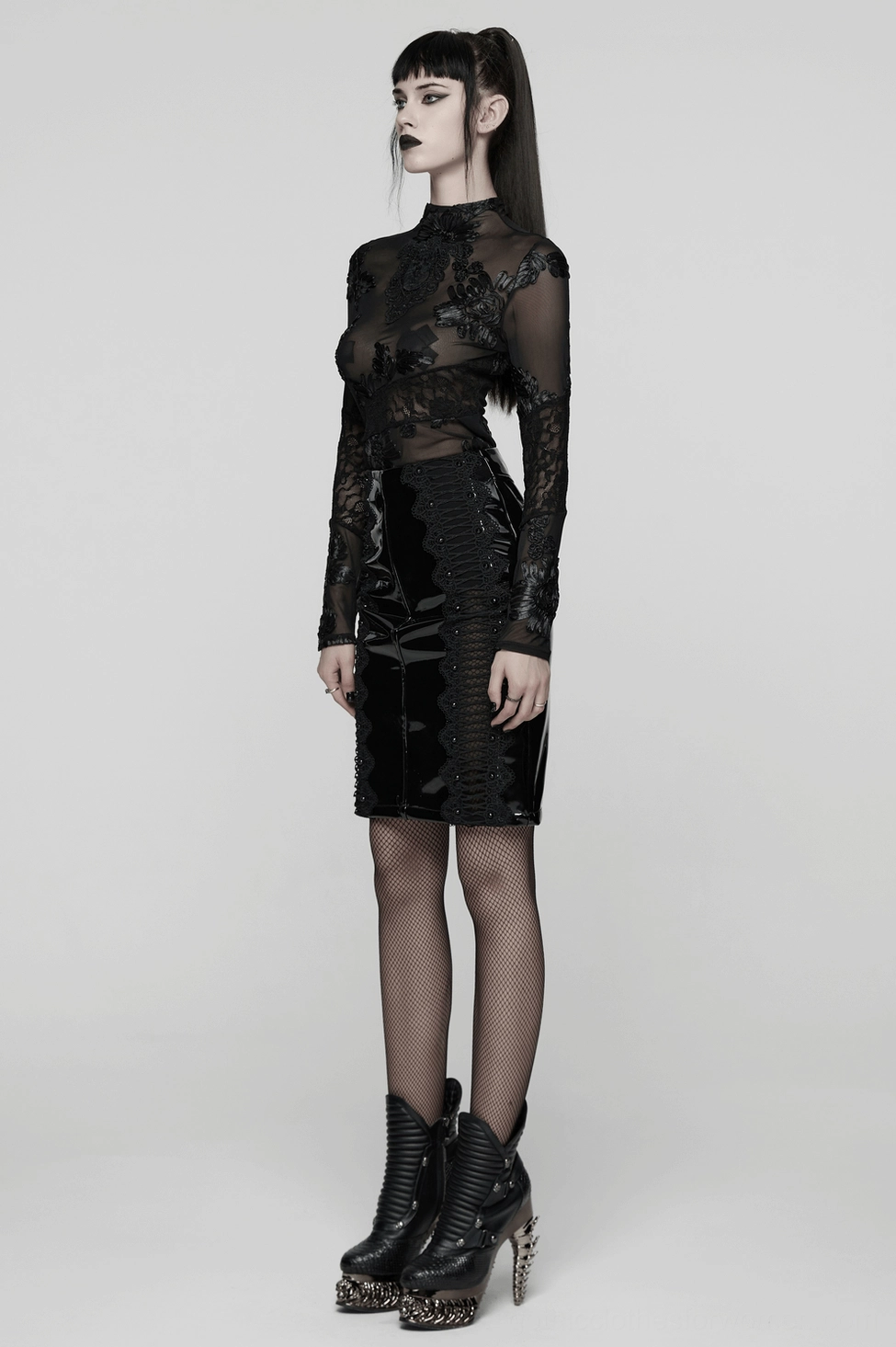 Black patent leather gothic skirt full silhouette display showing V-waistband and fitted construction