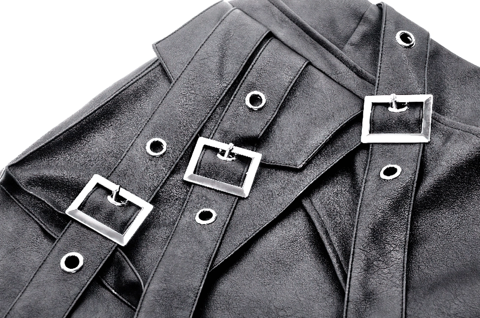 Close-up detail of gothic skirt square metal buckles and round eyelets hardware