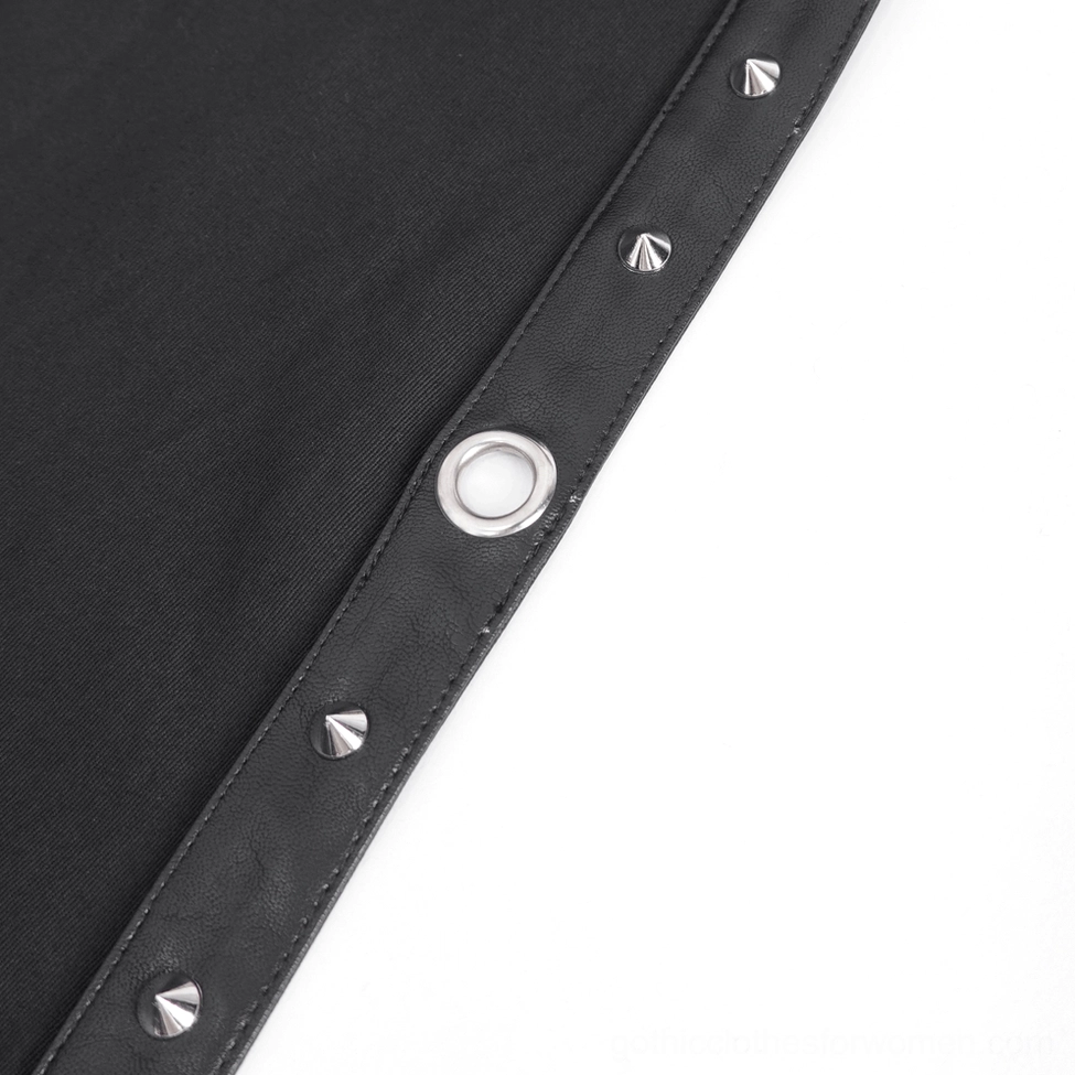 Detailed close-up of gothic skirt fastener trim strap showing pyramid metal studs and metal eyelets construction