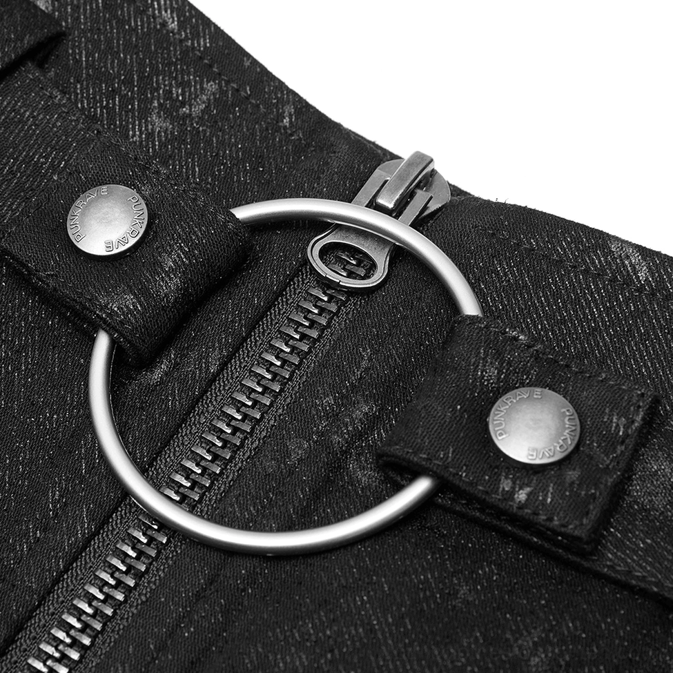 Close-up of metal zipper and D-ring hardware on black gothic split skirt