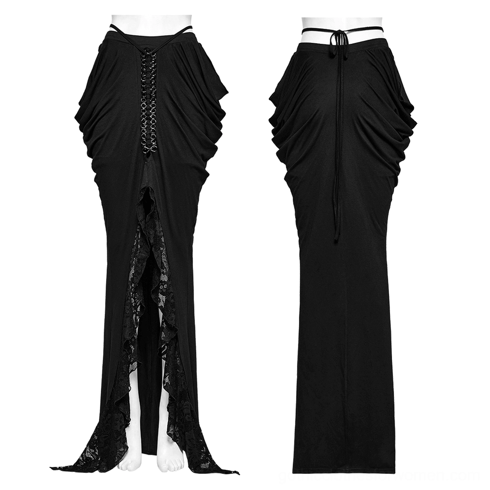 Gothic black lace skirt with lace-trimmed side split and lace-up front decoration displayed on mannequin front view