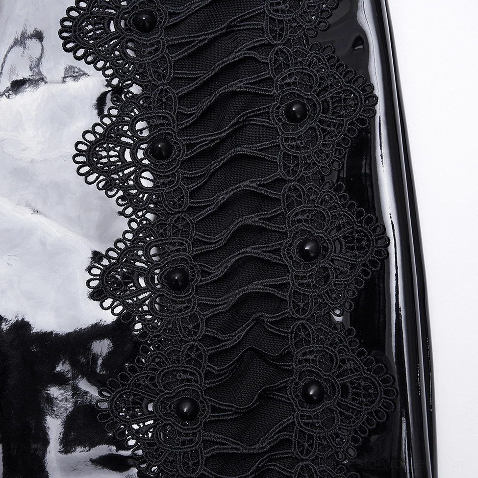 Close-up of black patent leather gothic skirt scalloped lace trim with decorative button accents and mesh underlay