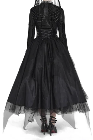Black gothic maxi skirt back view displaying lace-up corset back and uneven tulle hem on model