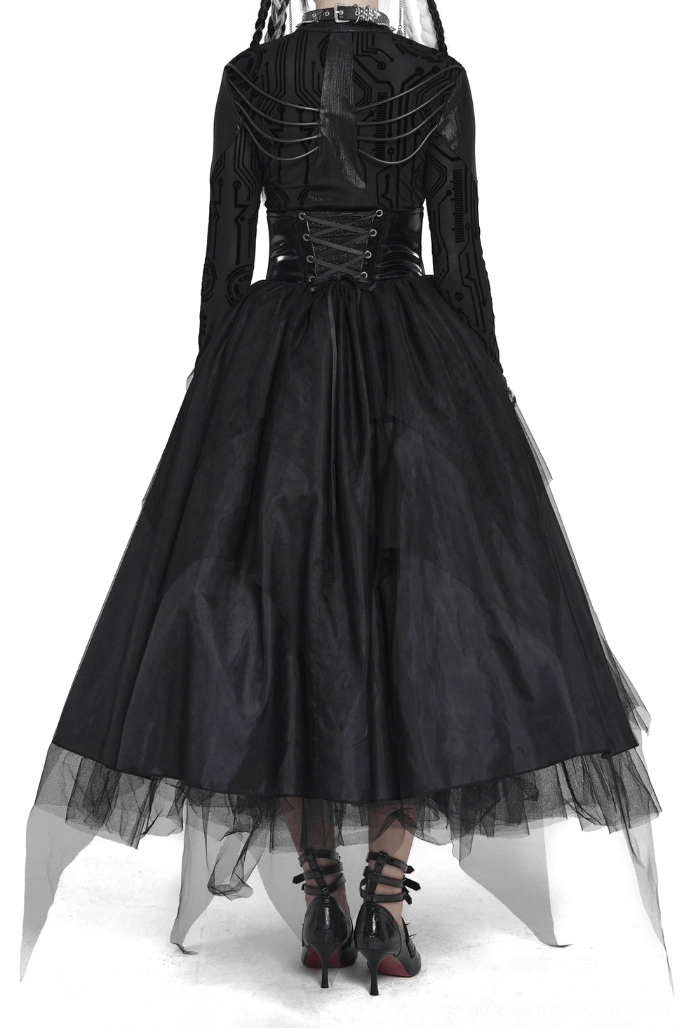 Black gothic maxi skirt back view displaying lace-up corset back and uneven tulle hem on model