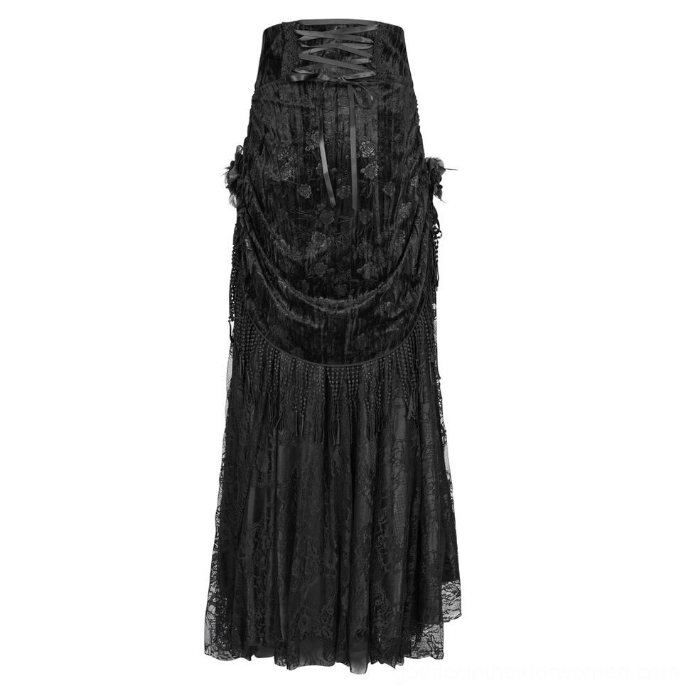 Black gothic lace skirt with ribbon lace-up back detail, draped front panel, and sheer lace overlay rear view