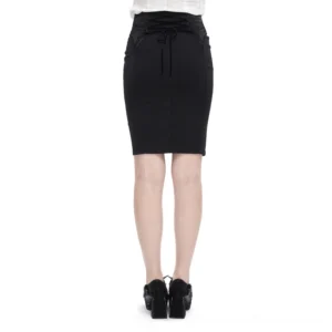Black lace-up gothic skirt back view showing corset-style lacing and drawstring details on female model