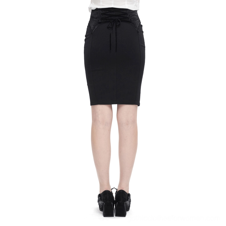Black lace-up gothic skirt back view showing corset-style lacing and drawstring details on female model