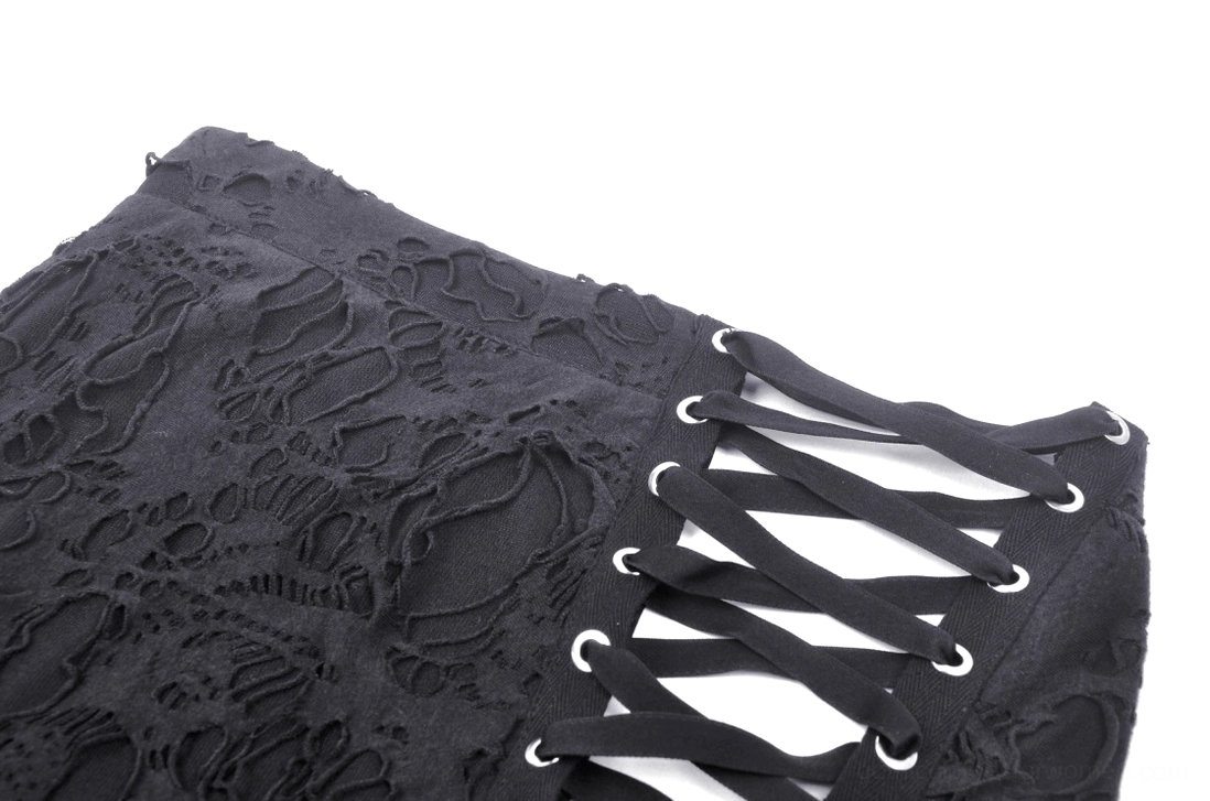 Black gothic skirt close-up of side lace-up mechanism showing metal eyelets and woven lace straps