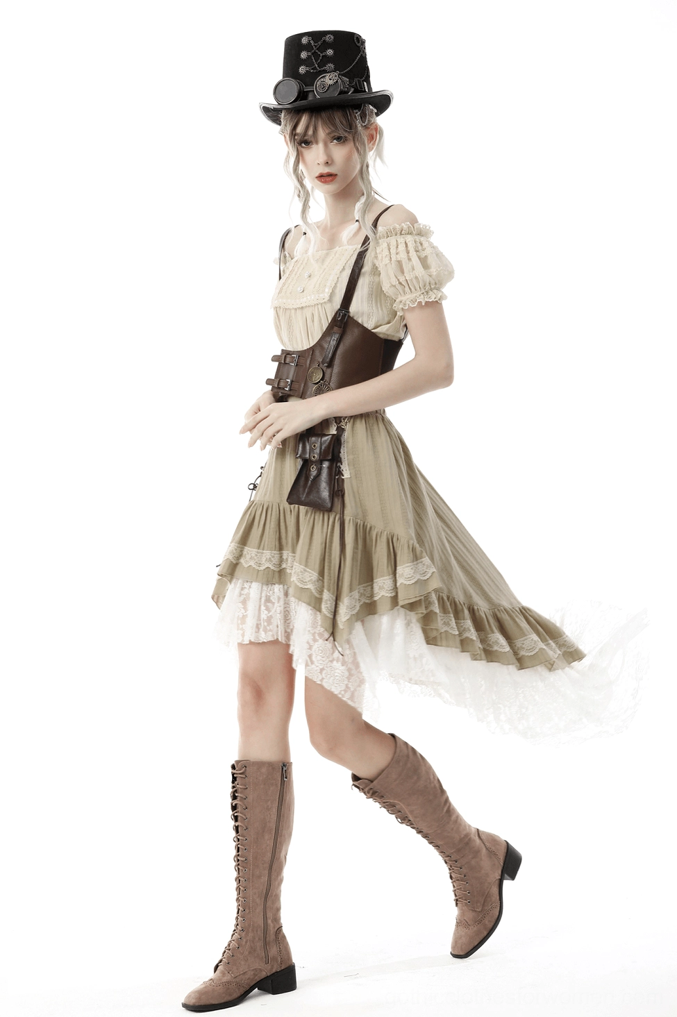 Gothic beige skirt detail view highlighting lace-up side ties, ruffled edges, and multi-layer construction technique