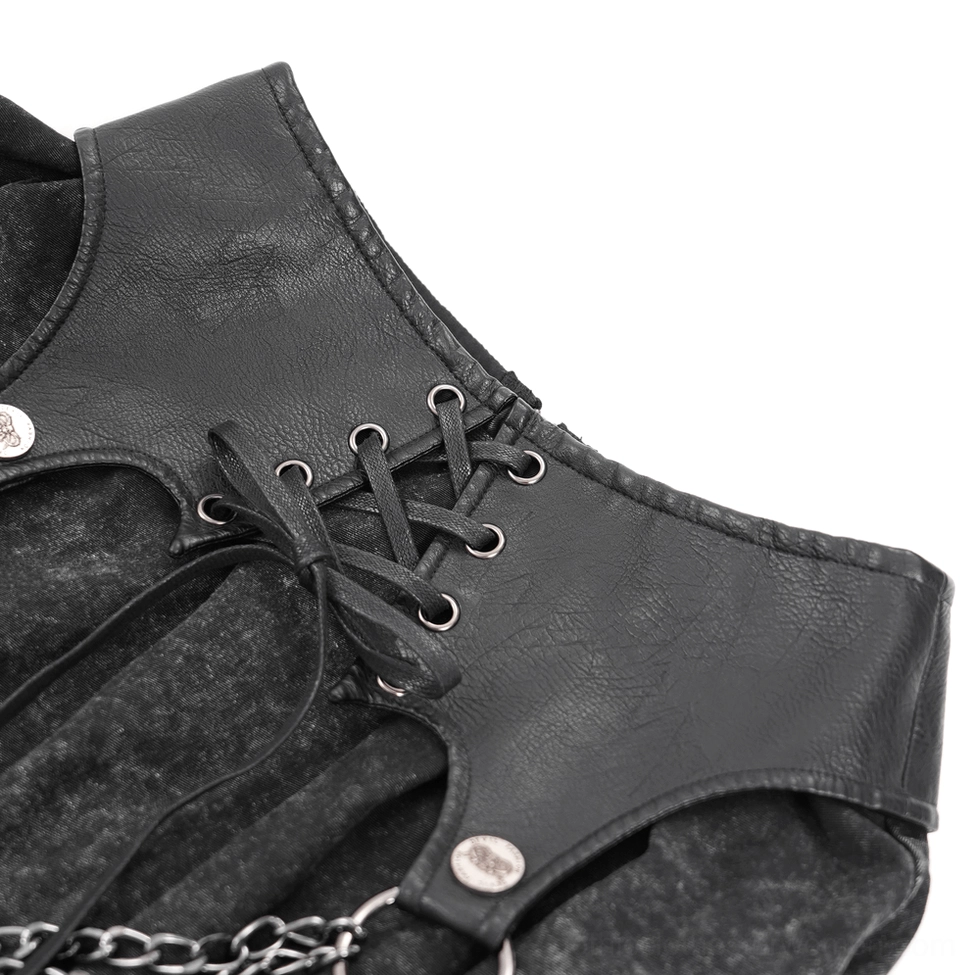 Close-up of black gothic skirt waist closure featuring lace-up leather panel and silver metal hardware details