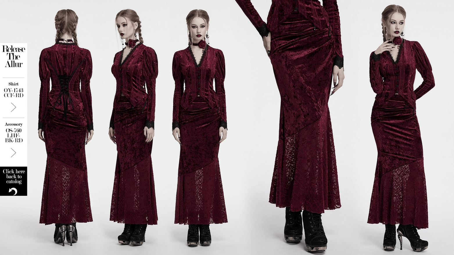 Close-up view of gothic fishtail skirt lace hem and ruched velvet construction showing quality craftsmanship