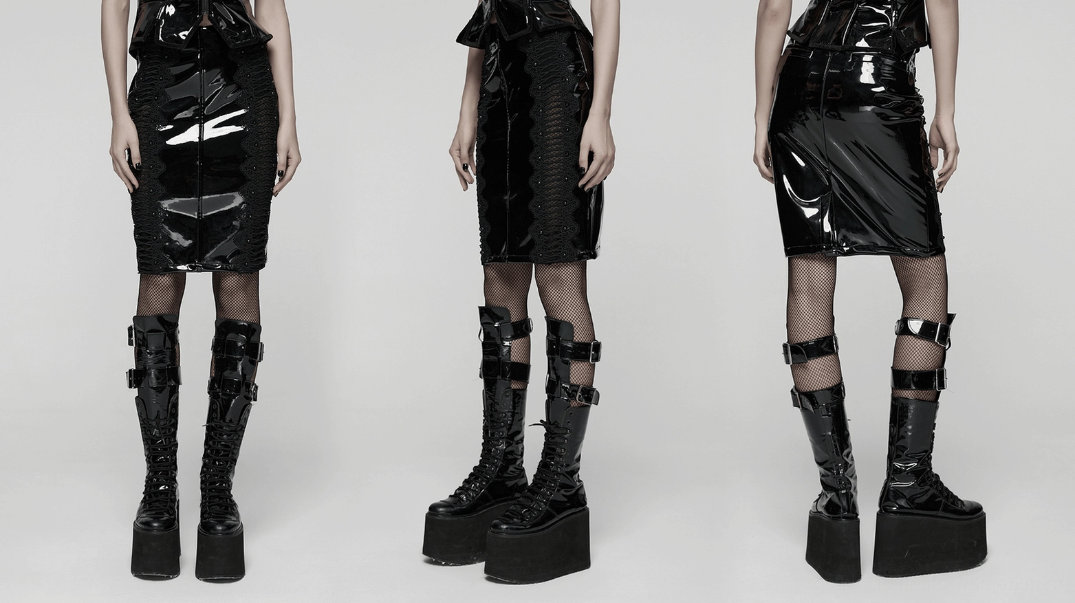 Black patent leather gothic skirt layered view showing mesh panel construction and lace detailing