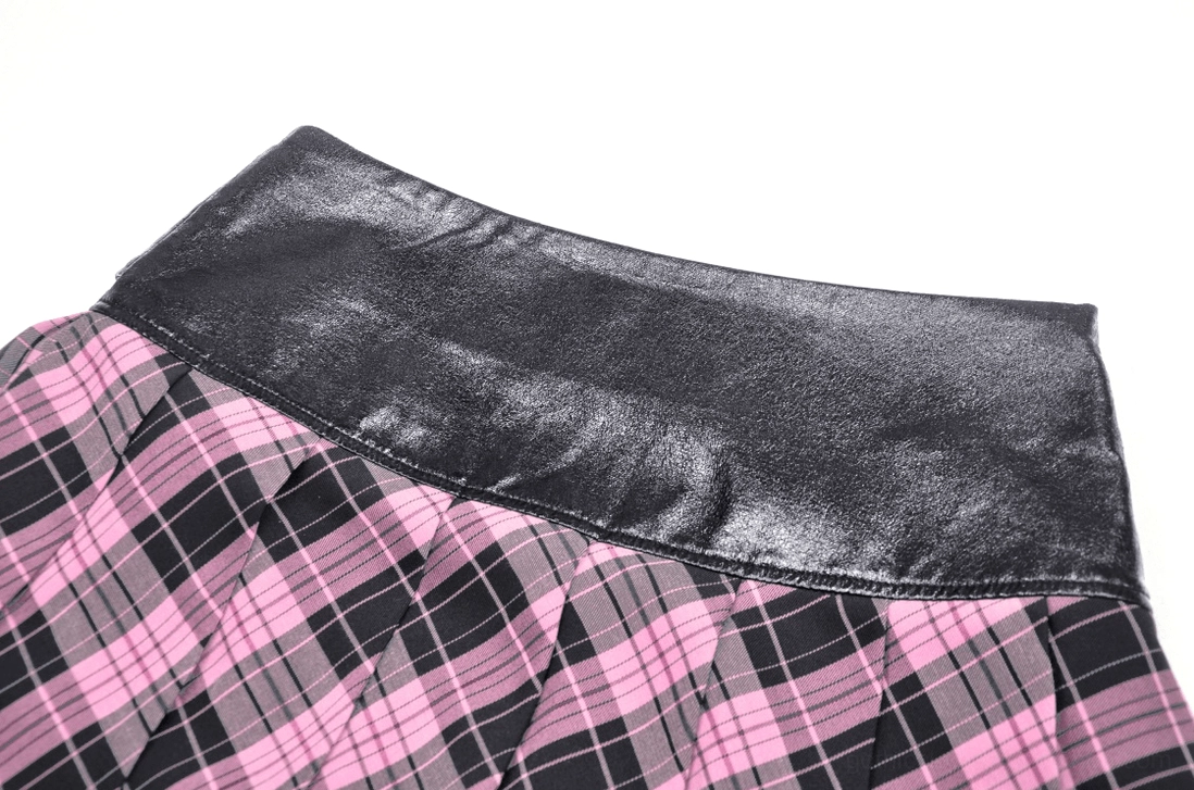 Black-pink plaid gothic skirt with layered styling options and fishnet tights pairing