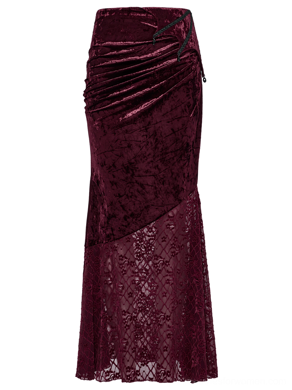 Burgundy gothic fishtail skirt left front view displaying side ruching and ornate lace tail hem