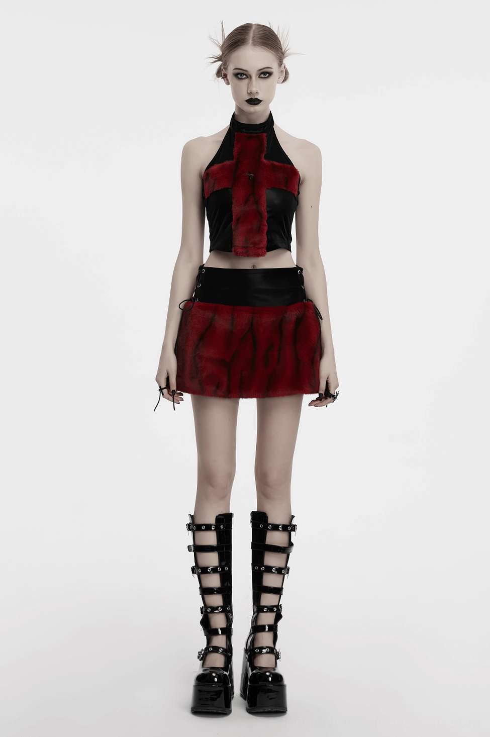 Measurement reference view of wine red gothic skirt showing length and overall proportions on body