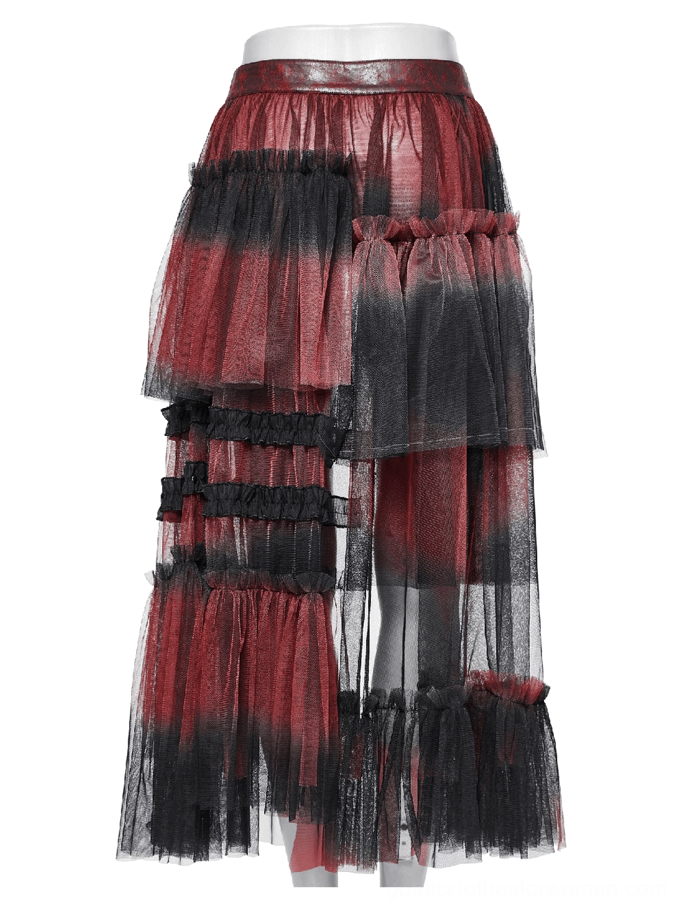 Gothic mesh half skirt left side view showing sheer layered tulle and ruffled trim details
