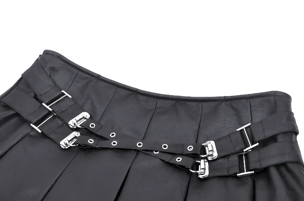 Close-up detail of dual silver metal buckle fasteners and black faux leather straps with eyelet reinforcement