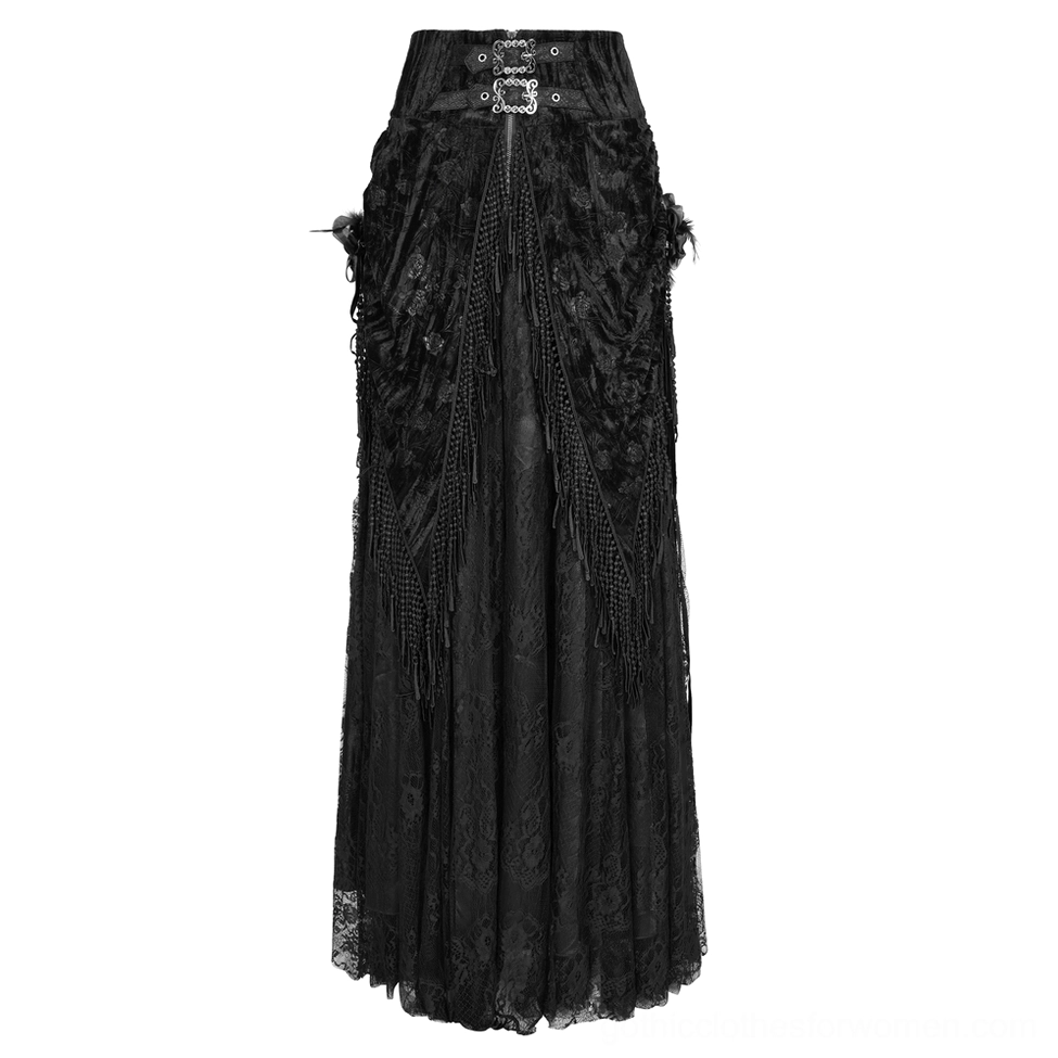Black lace gothic skirt high waisted design with metal buckle waist and tassel side trim, rear three-quarter view