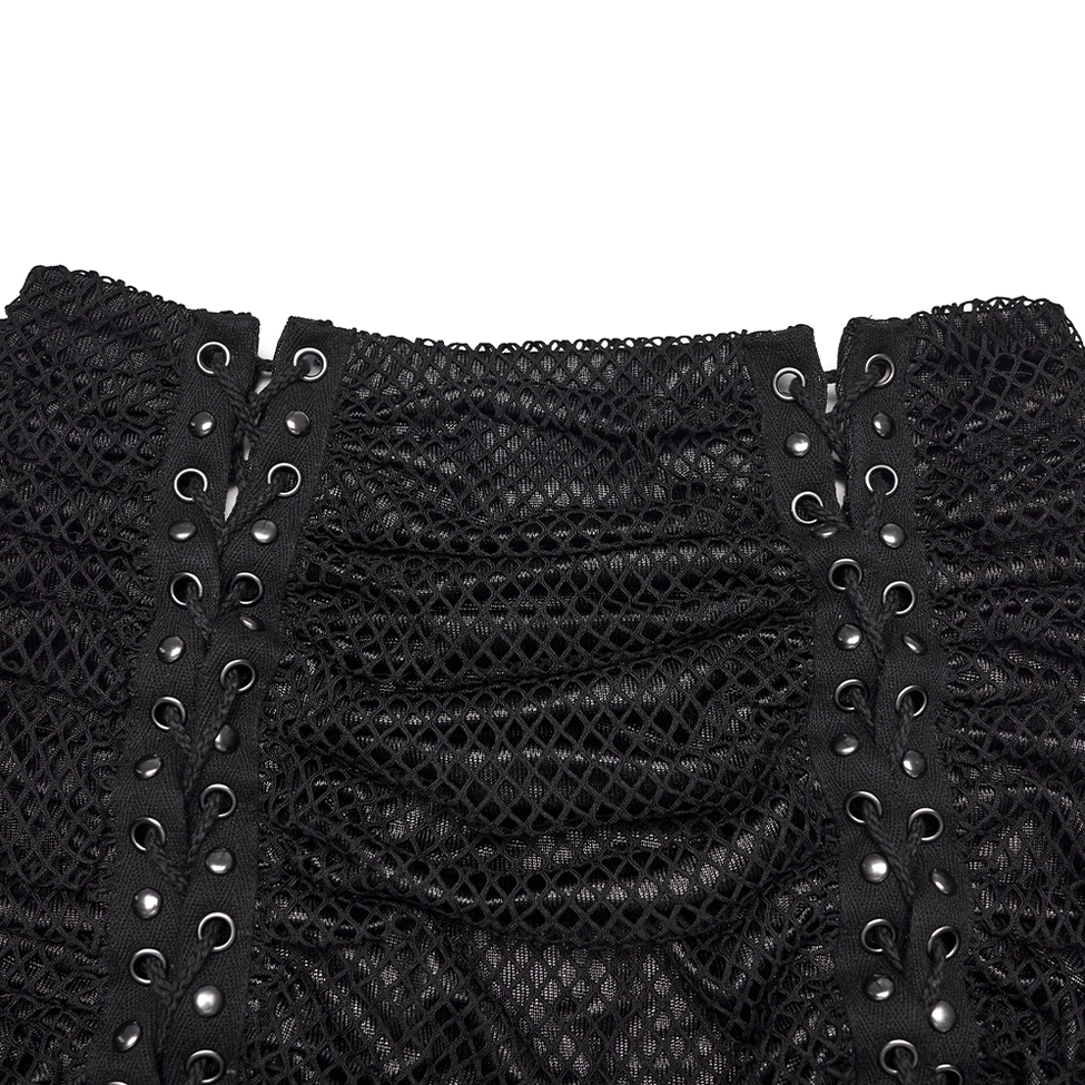 Metal grommet lace-up trim details on black gothic mesh ruched skirt close-up