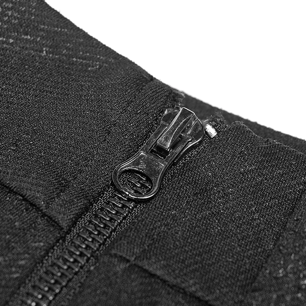 Black gothic skirt heavy-duty metal zipper closure detail on black woven fabric
