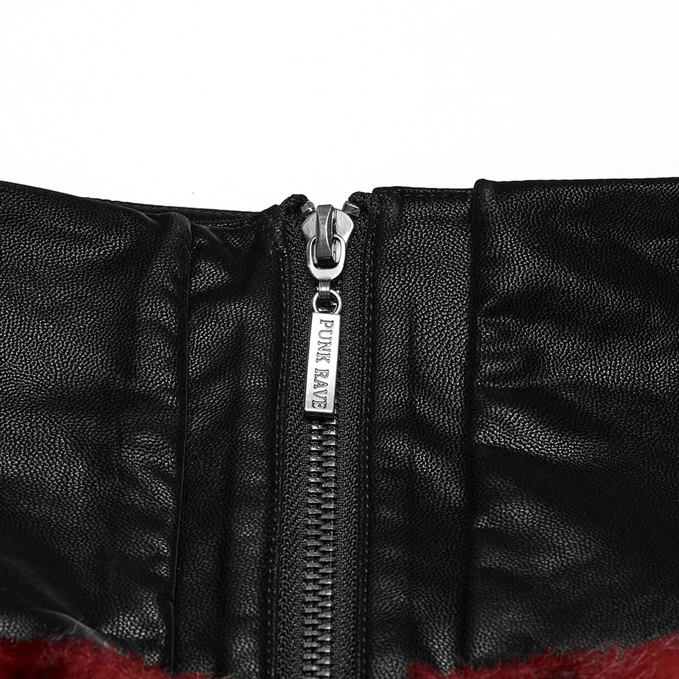 Close-up detail of wine red gothic skirt metal zipper and black faux leather waistband construction
