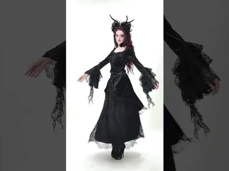 Composite product shot showing gothic black velvet lace maxi skirt with flared lace sleeves and detailed performance styling