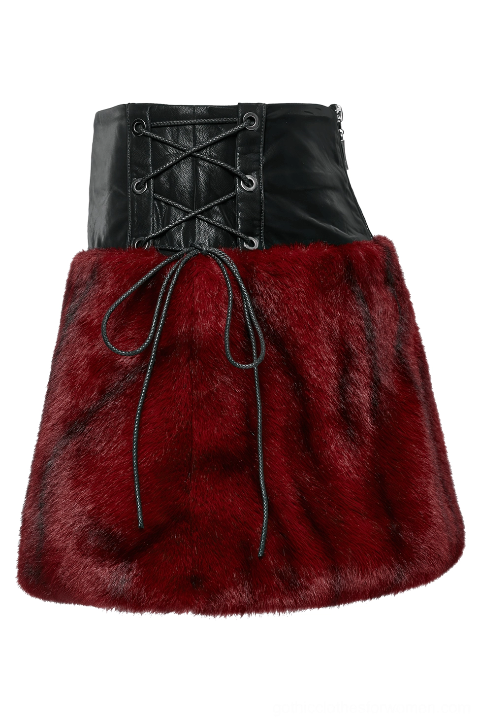 Rear flat lay of wine red gothic skirt displaying corset-style lace-up waist and black faux leather construction