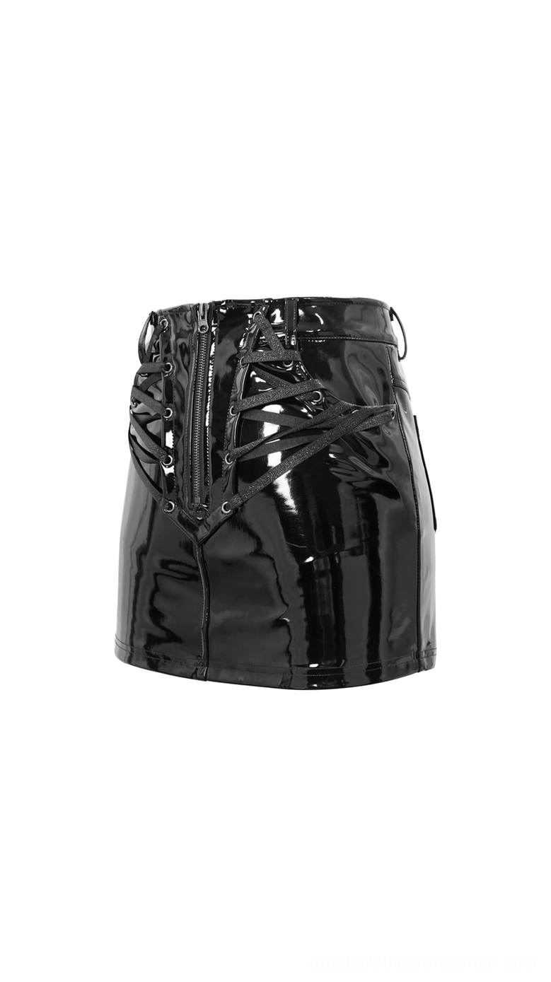 Rear-side view of black patent leather mini skirt featuring ultra-mini length and rear lace-up design elements