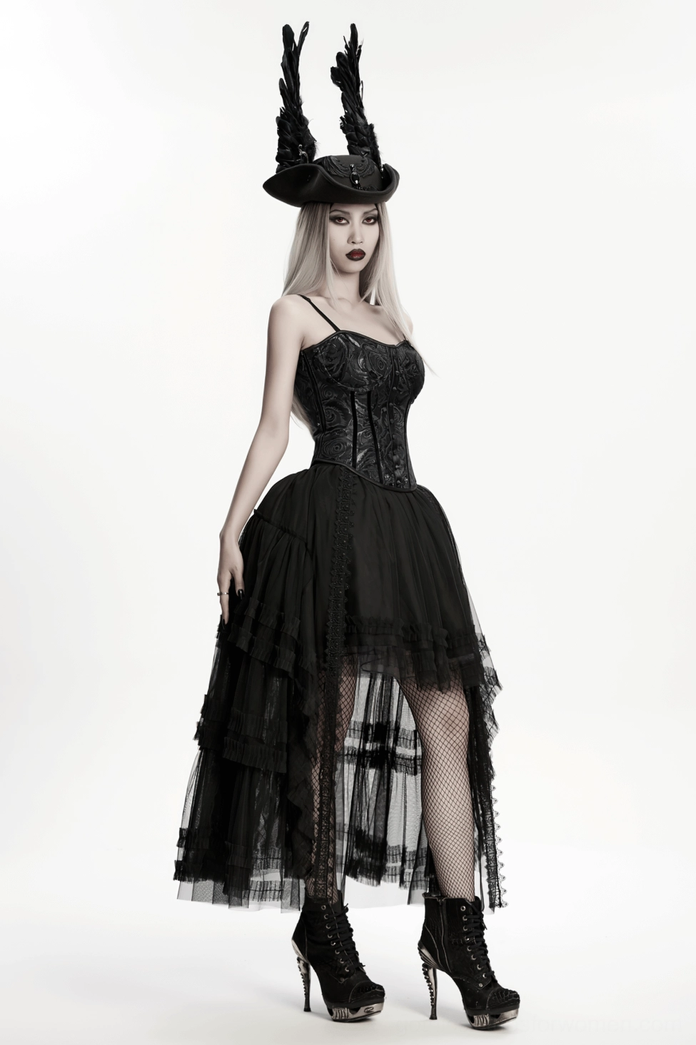 Black gothic layered mesh skirt removable steel waist structure component showing innovative detachable design feature