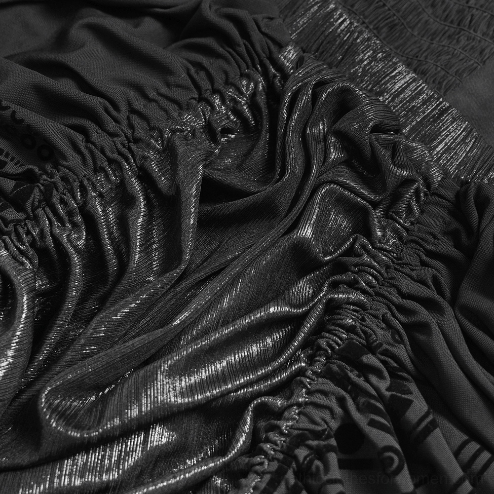 Black gothic corset mesh maxi skirt front view showing ruched drape and asymmetrical pointed hem