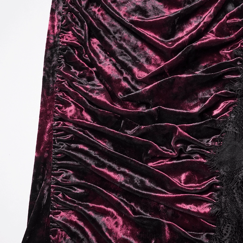Gothic velvet skirt ruched fabric close-up showing horizontal ruched design in burgundy and black colorway