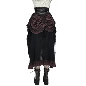 Gothic high-waist midi skirt close-up front showing ruched waist panel and layered details