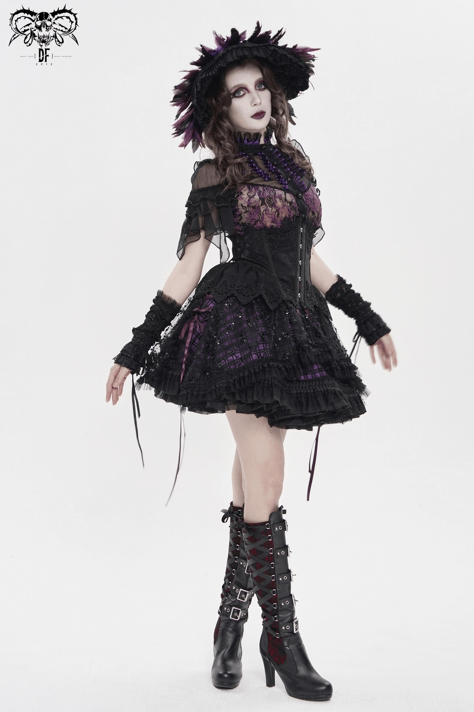 Black-purple gothic tulle skirt showing detailed texture of sequin mesh material and how it creates visual depth over plaid foundation