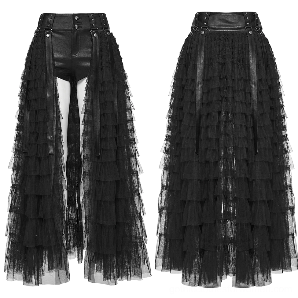 Black gothic skirt-shorts flat lay displaying faux leather hot pants with metal hardware and side tulle panels