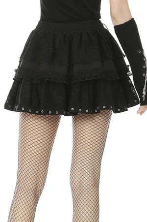 Black ruffled gothic skirt showing side and back details with layered lace and metal eyelet waist trim
