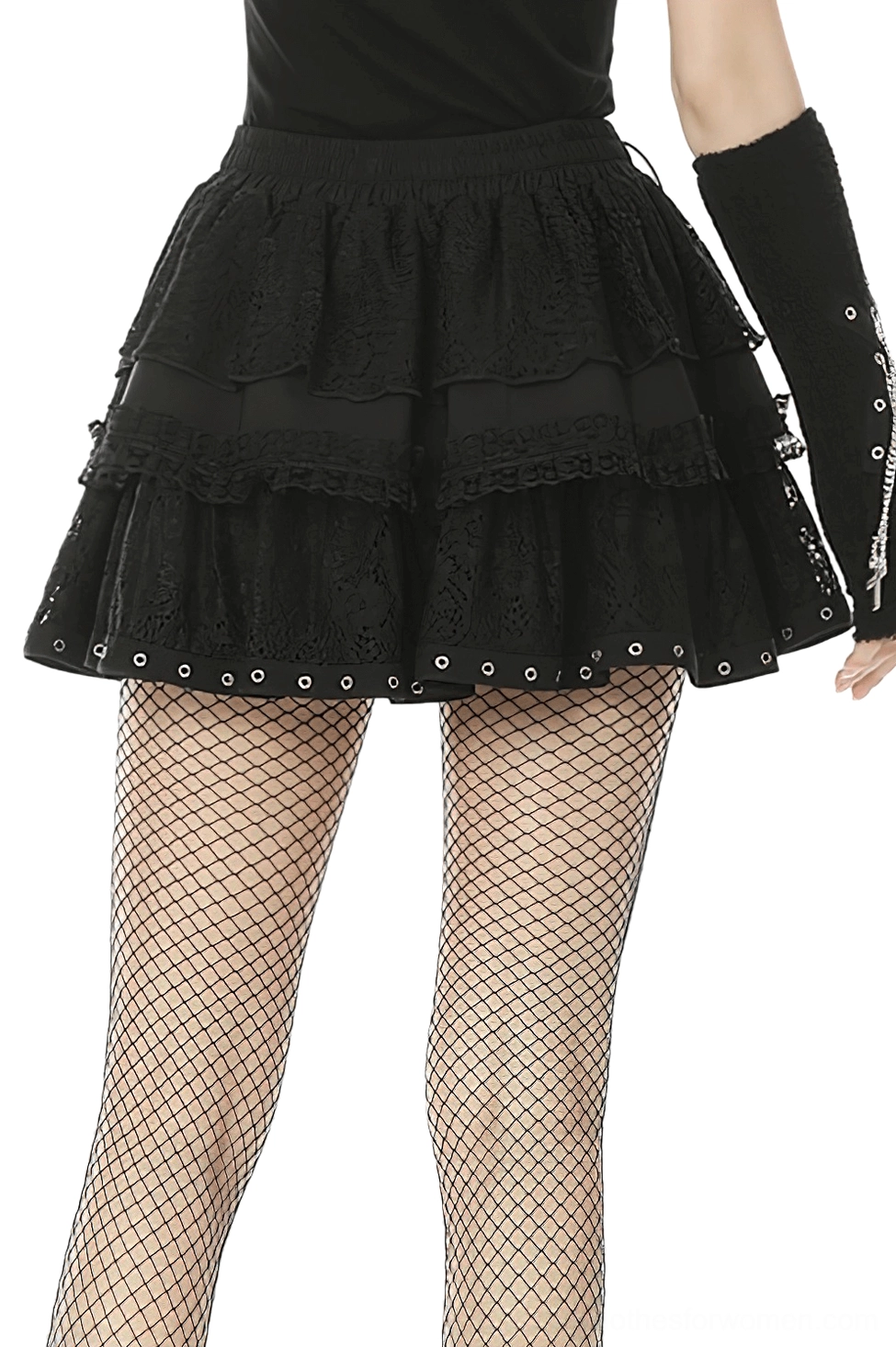 Black ruffled gothic skirt showing side and back details with layered lace and metal eyelet waist trim