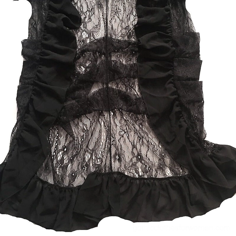 Gothic skirt detail side view ruched front sheer lace inset construction