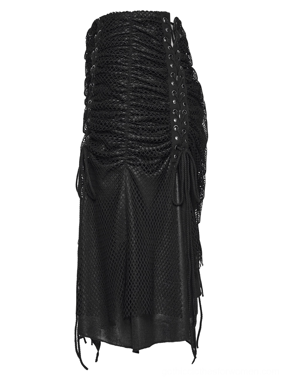 Black gothic asymmetric hem skirt flat lay side view showcasing sheer underlayer and drawstring tassels