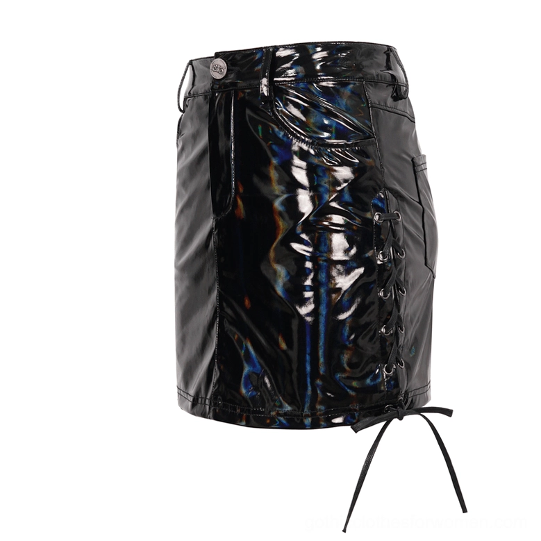Black faux leather mini skirt side angle flat lay displaying grommet lace-up details and hem tie