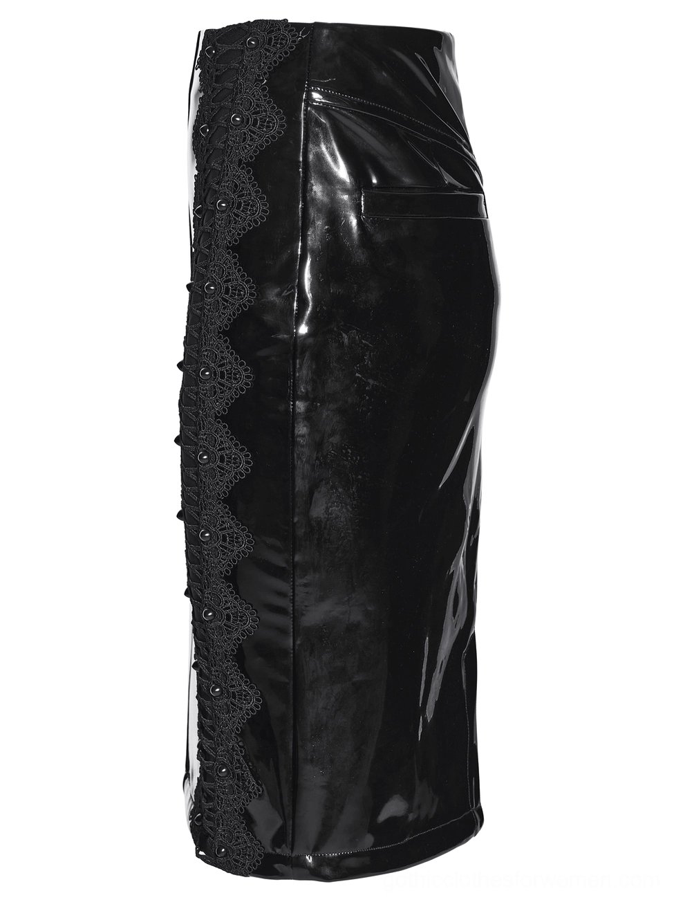 Black gothic skirt side flat lay view highlighting lace side panel mesh detail and silhouette