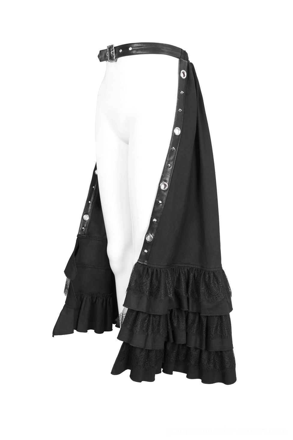 Side perspective of black gothic ruffle skirt on mannequin showing single front split, snap button trim, and flowing layered hem construction
